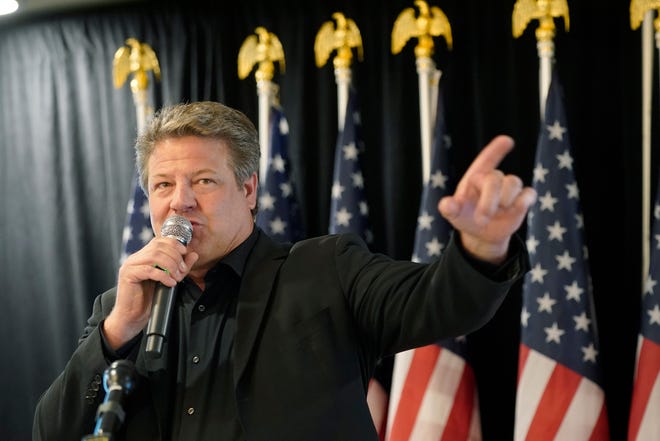 Republican Reagan Dunn speaks, Tuesday, Aug. 2, 2022, at a Republican Party event on Election Day in Issaquah, Wash., east of Seattle. Dunn is one of a number of Republicans challenging Rep. Kim Schrier, D-Wash., for her seat in Washington state's 8th Congressional District.