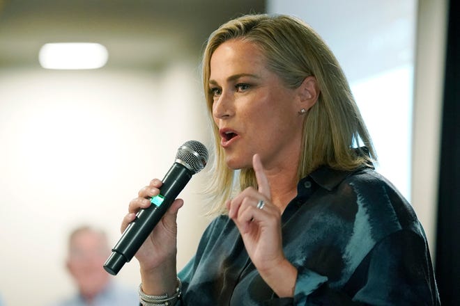 Republican Tiffany Smiley, who is challenging U.S. Sen. Patty Murray, D-Wash., speaks Tuesday, Aug. 2, 2022, at a Republican Party event on Election Day in Issaquah, Wash., east of Seattle.