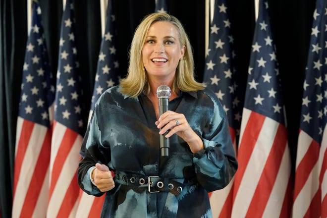 Republican Tiffany Smiley, who is challenging U.S. Sen. Patty Murray, D-Wash., speaks Tuesday, Aug. 2, 2022, at a Republican Party event on Election Day in Issaquah, Wash., east of Seattle.