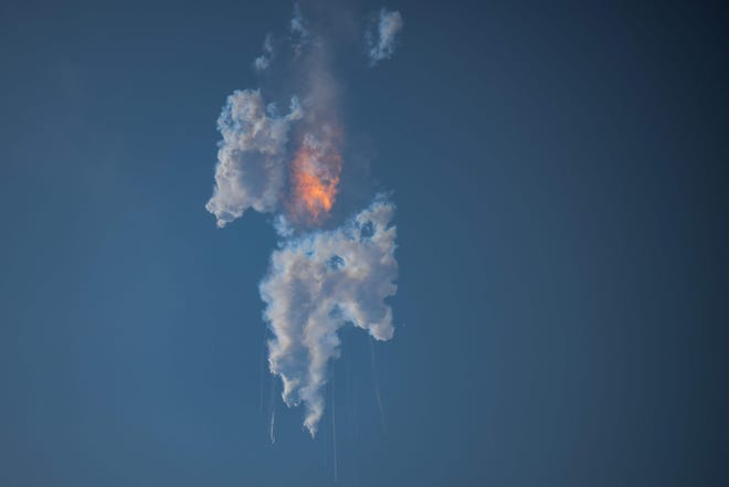 The SpaceX Starship explodes after launch for a flight test from Starbase in Boca Chica, Texas, on April 20, 2023. The rocket successfully blasted off at 8:33 am Central Time. The Starship capsule had been scheduled to separate from the first-stage rocket booster three minutes into the flight but separation failed to occur and the rocket blew up.