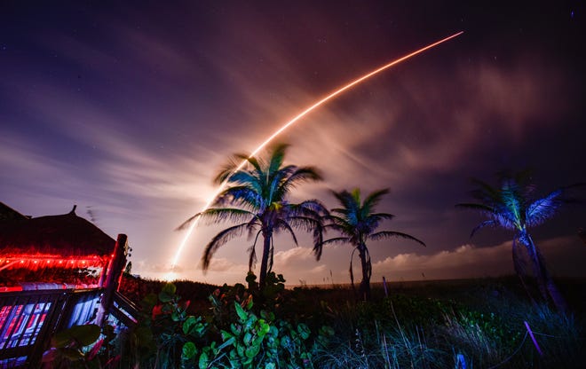 SpaceX launch of a Falcon 9 rocket on the 6-29 Starlink mission, launched from from Launch Complex 40 at Cape Canaveral Space Force Station. Rocket launched at 2:47 a.m. EST Wednesday, Nov. 22nd. The Falcon 9 will deploy a batch of 23 Starlink internet satellites. Launch viewed from the end of Minutemen Causeway in Cocoa Beach.