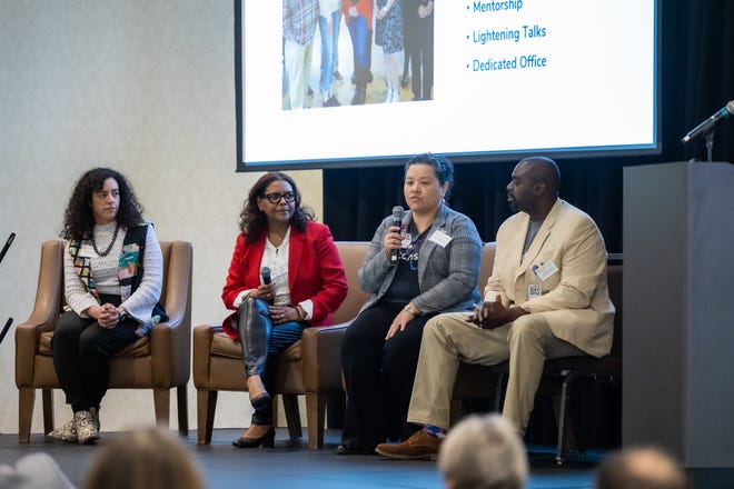 Microbusinesses speak at KEDA's 2023 Economic Forecast. From left to right, Reama Schuldt of Spread Supplies; Sandra Rocha Evanoff of Brasil Comes to You; Dionne and Greg Showers of Backflow Assembly Solutions.