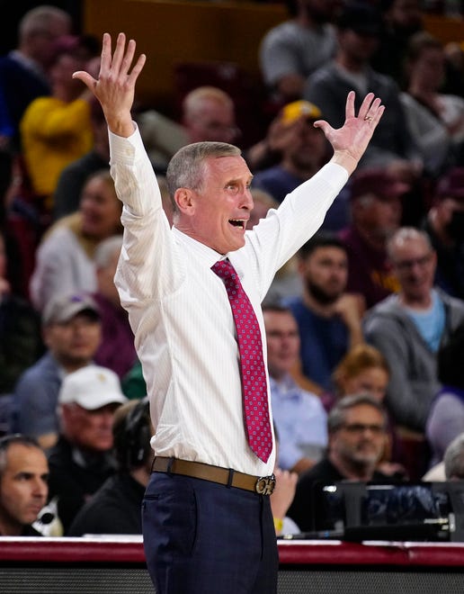 ASU head coach Bobby Hurley argues with an official during a game against Washington at Desert Financial Arena.