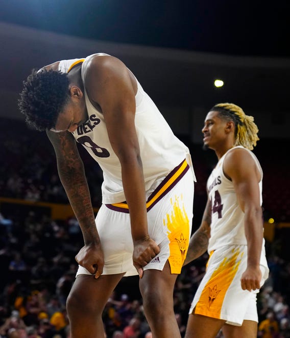 ASU center Shawn Phillips Jr. (9) reacts to missing the game-tying shot in overtime against Washington during a game at Desert Financial Arena.