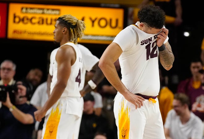 ASU guard Jose Perez (12) reacts to missing two free throws and being called for a foul during a game at Desert Financial Arena.