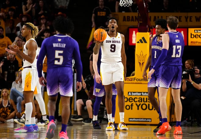 ASU center Shawn Phillips Jr. (9) reacts to being called for a foul against Washington during a game at Desert Financial Arena.