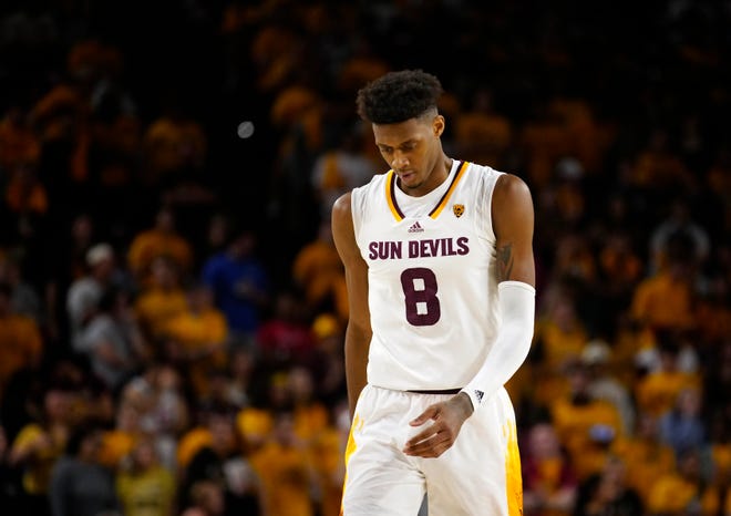 ASU forward Alonzo Gaffney (8) reacts after a foul call against Washington during a game at Desert Financial Arena.