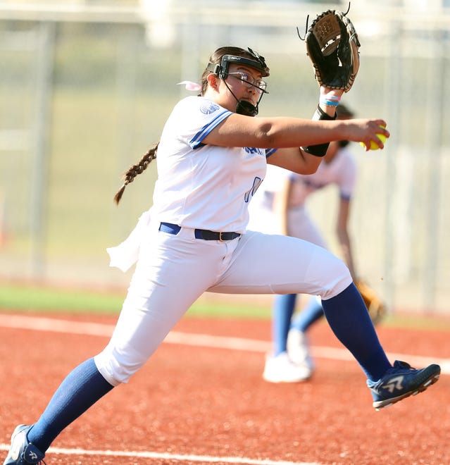 Olympic’s Brenda Morrison pitches against North Kitsap at Lobe Fields on Tuesday, March 19, 2024.