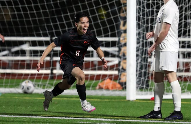 Central Kitsap’s Raimu De Jesus celebrates his goal against Gig Harbor in Silverdale on Thursday, March 21, 2024. CK won the game 2-1.