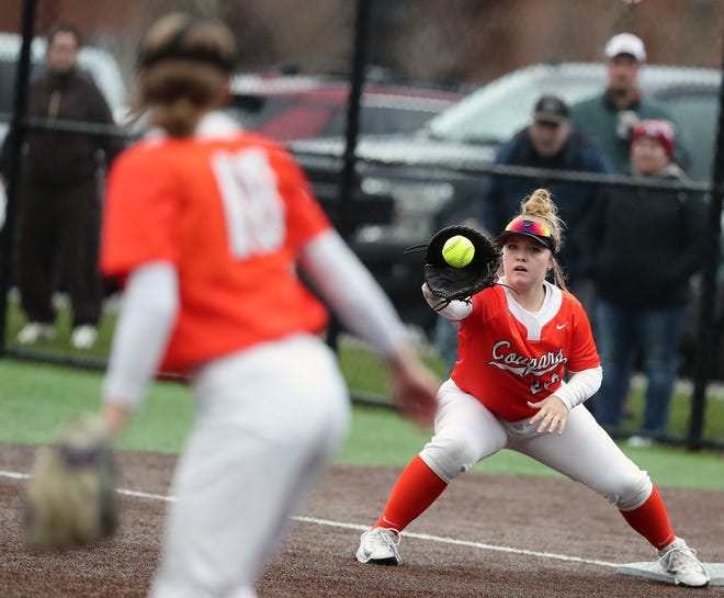 Central Kitsap’s Kylee Peterson (22) makes a catch at first for a Kingston out in Silverdale on Friday, March 22, 2024.