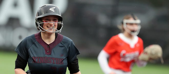 Kingston’s Makynzee Riches (35) grins as she heads for third after her home run hit against Central Kitsap in Silverdale on Friday, March 22, 2024.