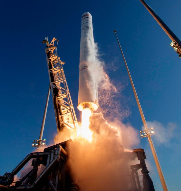 The Northrop Grumman Antares rocket, with Cygnus resupply spacecraft onboard, launches from Pad-0A of NASA's Wallops Flight Facility on Nov. 2, 2019, in Wallops Island,Va. Northrop Grummans 12th cargo resupply mission to the International Space Station will deliver about 8,200 pounds of science and research, crew supplies and vehicle hardware to the orbital laboratory and its crew.