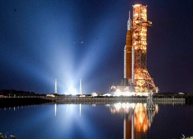 NASA's Space Launch System rocket is transported back to the Vehicle Assembly Building at Kennedy Space Center Tuesday, April 26, 2022. The vehicle, which went through prelaunch testing on Pad 39B is headed back for repairs prior to retesting.